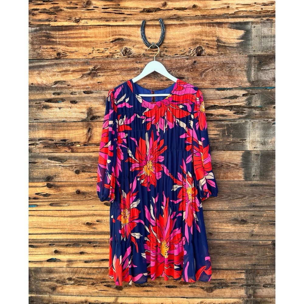 TRINA TURK | Floral Silvery 3/4 Balloon Sleeves Multi A-line Gathered Dress 10